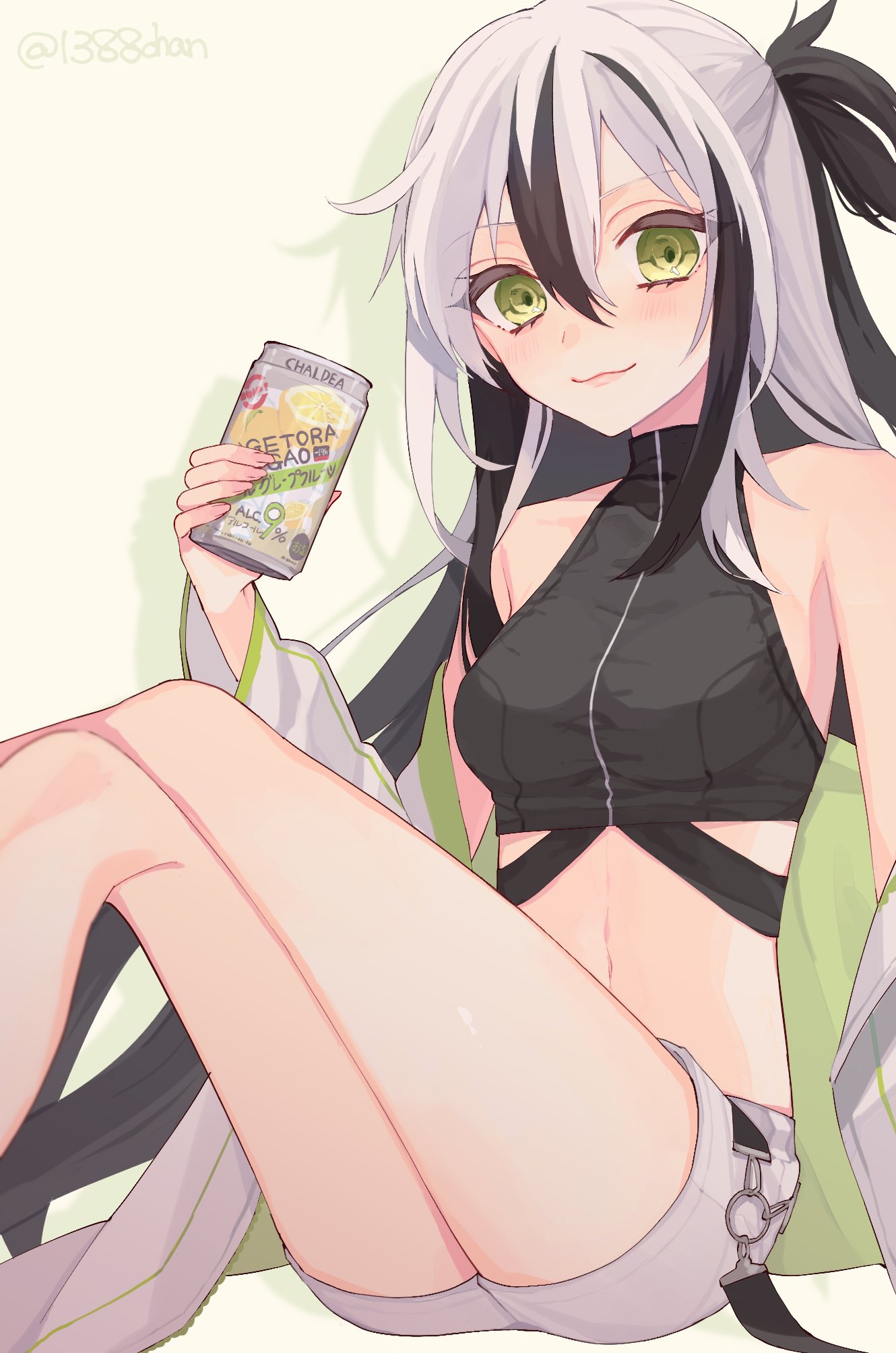 1388chan 1girl :3 alcohol bare_shoulders beer_can black_hair can closed_mouth commentary_request fate/grand_order fate_(series) green_eyes hair_between_eyes highres holding holding_can jacket long_hair midriff multicolored_hair nagao_kagetora_(fate) navel off_shoulder shorts simple_background sitting smile solo two-tone_hair uesugi_kenshin_(fate) uesugi_kenshin_(second_ascension)_(fate) very_long_hair white_background white_hair white_jacket white_shorts