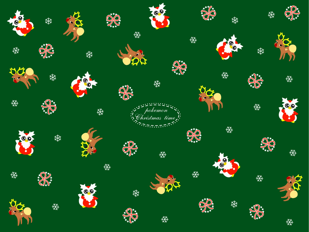 black_eyes bright_pupils christmas closed_mouth delibird english_text flat_color green_background mixed-language_commentary no_humans pokemon pokemon_(creature) red_ribbon ribbon sack satou_mami simple_background snowflakes stantler white_bag white_pupils