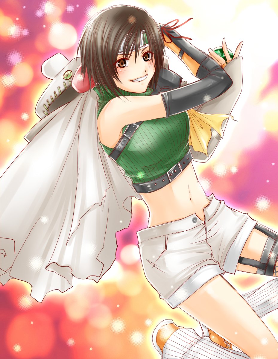 1girl arm_armor arm_up armor asymmetrical_armor asymmetrical_arms bandana brown_eyes brown_hair chest_strap commentary_request cosplay crop_top feet_up final_fantasy final_fantasy_vii final_fantasy_vii_remake garter_belt green_headband grin hands_up headband highres holding holding_weapon jewelry leg_warmers light_particles looking_at_viewer materia midriff moogle moogle_(cosplay) multicolored_background navel orange_footwear pauldrons poncho ream_(arua) red_ribbon ribbon ring shoes short_hair shorts shoulder_armor shoulder_strap single_pauldron sleeveless sleeveless_turtleneck smile solo turtleneck weapon white_shorts yellow_bandana yuffie_kisaragi