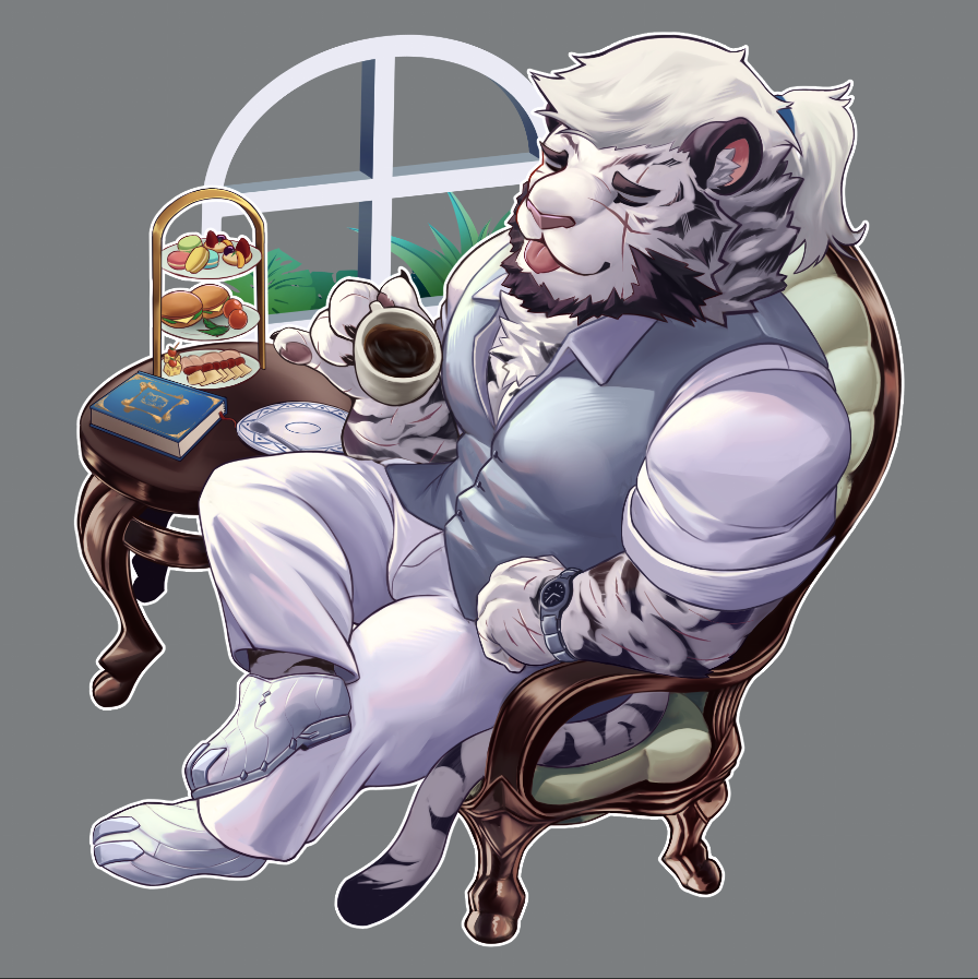 1boy animal_ears arknights book cancerdoge chair chibi closed_eyes cup drink english_commentary food furry furry_male grey_vest holding holding_cup holding_drink male_focus mountain_(arknights) mountain_(book_reader)_(arknights) multiple_scars pants pastry pinky_out ponytail scar scar_across_eye scar_on_face scar_on_hand shirt sitting table tail tiered_tray tiger_boy tiger_ears tiger_stripes tiger_tail tongue tongue_out vest watch watch white_footwear white_pants white_shirt window