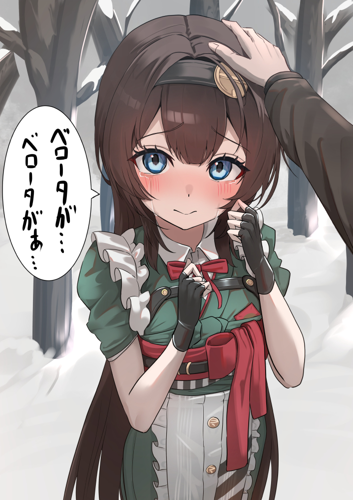 1girl alternate_costume apron black_gloves black_hairband blue_eyes brown_hair closed_mouth commander_(nikke) crying double-parted_bangs dress fingerless_gloves frilled_apron frills gloves goddess_of_victory:_nikke green_dress hair_between_eyes hairband hatenoga headpat kneeling long_hair looking_at_viewer low_twintails maid_apron mica_(nikke) mica_(snow_buddy)_(nikke) sleeves_rolled_up speech_bubble twintails white_apron
