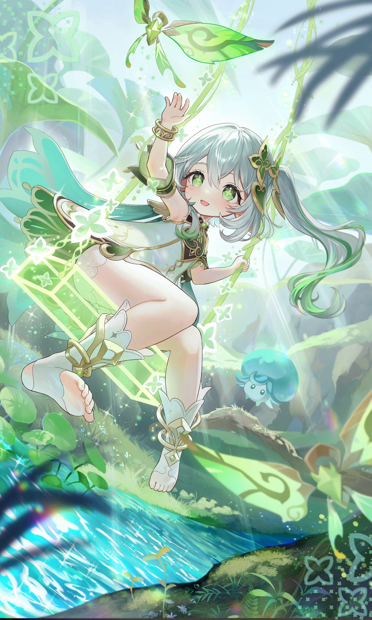 1girl bloomers cape cross-shaped_pupils crystalfly_(genshin_impact) dress fern flower forest fungi_(genshin_impact) genshin_impact gold_bracelet gradient_hair green_cape green_eyes green_hair hair_ornament highres hiiragisoyogi legs long_hair multicolored_hair nahida_(genshin_impact) nature open_mouth outdoors plant pointy_ears reaching side_ponytail sleeveless sleeveless_dress smile solo stirrup_footwear stream sunlight swing swinging symbol-shaped_pupils toeless_footwear transparent white_bloomers white_dress white_hair