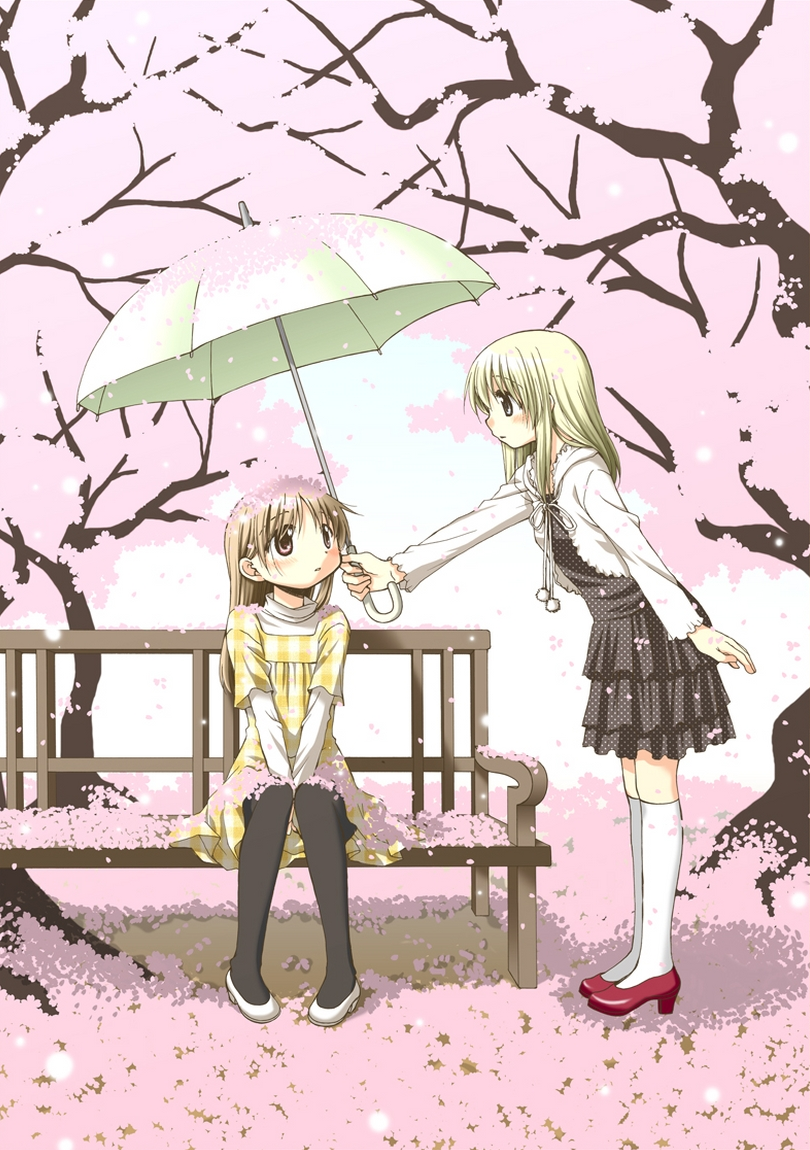 aoki_ume bench black_legwear black_thighhighs blonde_hair blush brown_hair cherry_blossoms multiple_girls original pantyhose thigh-highs thighhighs tree umbrella white_legwear white_thighhighs zettai_ryouiki