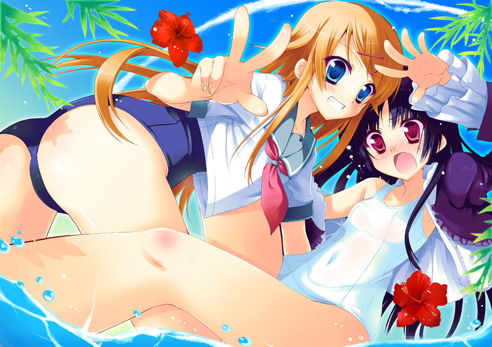 ass black_hair blonde_hair blue_eyes flower kousaka_kirino long_hair multiple_girls open_mouth ore_no_imouto_ga_konna_ni_kawaii_wake_ga_nai red_eyes sakura_hanpen swimsuit v