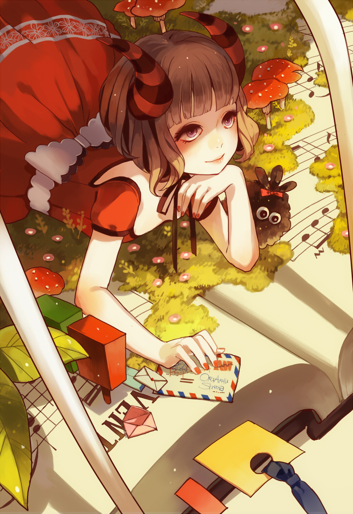 brown_hair chin_rest clea dress face hands horns leaf letter light_smile lying mushroom musical_note nail_polish on_stomach original purple_eyes short_hair solo