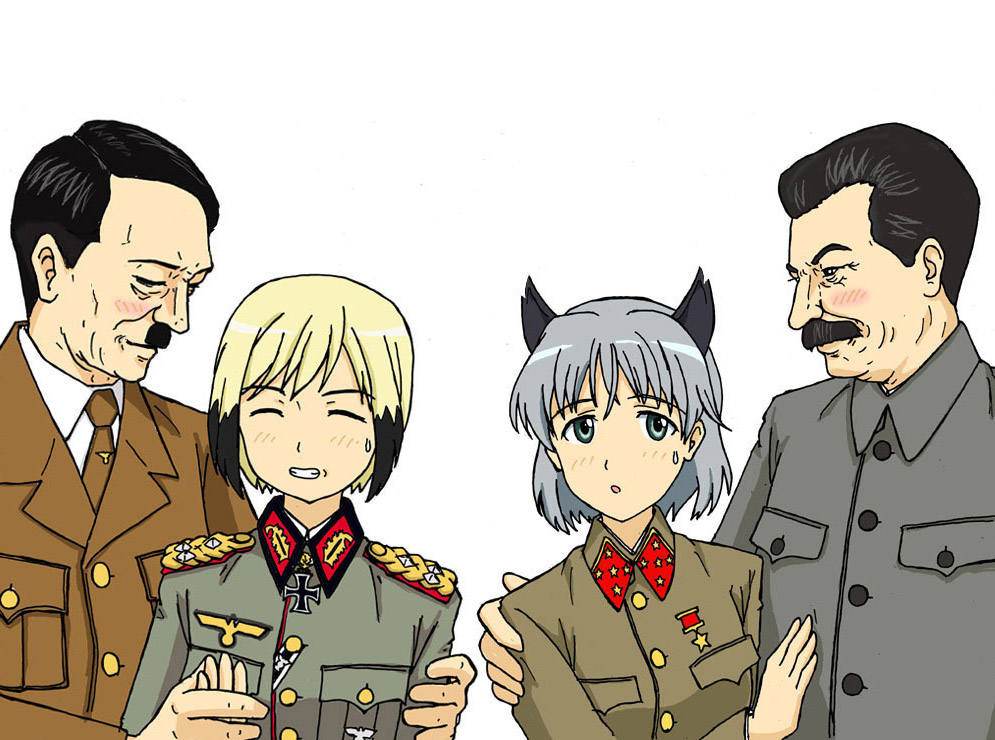 animal_ears black_hair blonde_hair blush cat_ears crapgame cross erica_hartmann facial_hair grey_hair iron_cross joseph_stalin medal military military_uniform multicolored_hair mustache sanya_v_litvyak star strike_witches two-tone_hair uniform