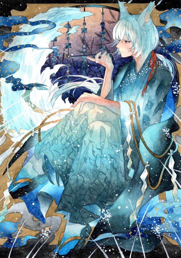 1boy androgynous animal_ears blue_kimono charm_(object) crossed_legs eyelashes fox_boy fox_ears japanese_clothes kimono male_focus ocean original painting_(medium) pipe ponytail potato_(popopopopo623) sandals smug solo traditional_media watercolor_(medium) waves white_hair