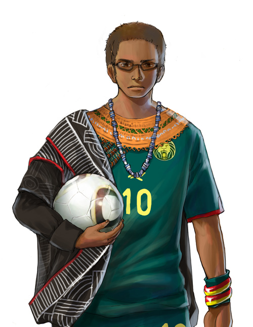 alternate_costume axis_powers_hetalia ball bangle bracelet brown_eyes brown_hair cameroon_(hetalia) clothes_writing dark_skin football glasses jabulani jersey jewelry male necklace scar sherry_lai soccer soccer_ball solo sport sportswear traditional_clothes uniform world_cup wristband