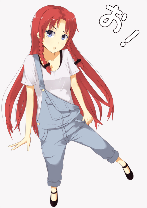 bad_id blue_eyes braid contemporary heart hong_meiling ice_(artist) long_hair overalls red_hair redhead solo symbol-shaped_pupils touhou twin_braids