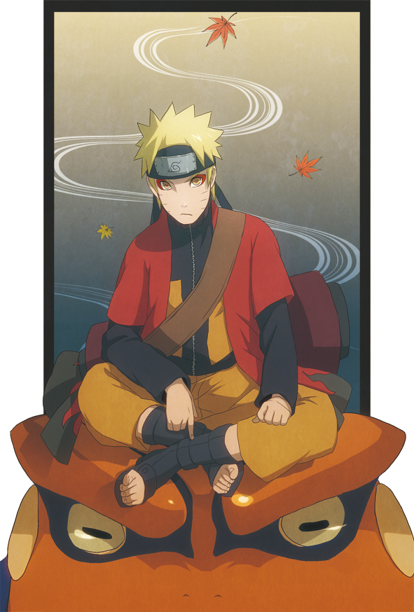 animal blonde_hair forehead_protector fusion-s gamakichi giant_toad headband indian_style leaf naruto oversized_animal sage_mode sandals scroll sitting spiked_hair spiky_hair toes uzumaki_naruto yellow_eyes