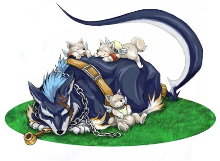 being7 chain collar crossover dog koromaru lowres no_humans persona persona_3 pipe repede sleeping tales_of_(series) tales_of_vesperia white_background