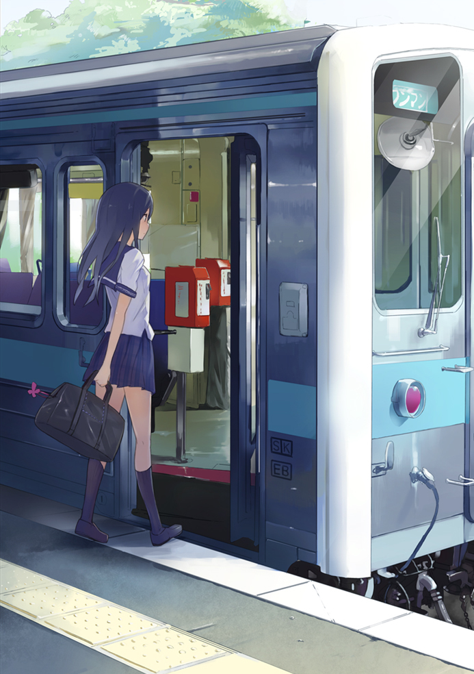 black_hair black_legwear long_hair miz original plaid plaid_skirt school_uniform skirt socks solo train