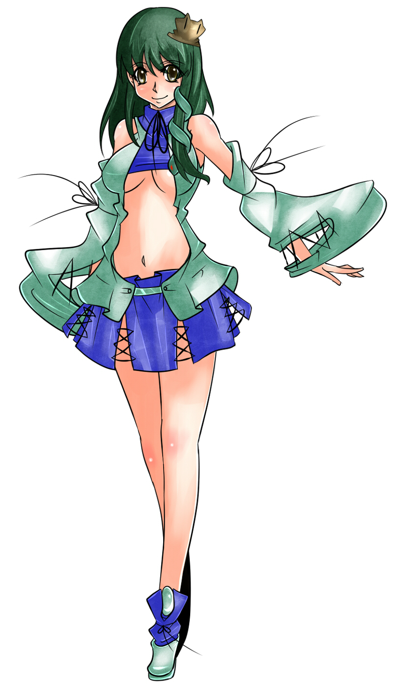 alternate_costume aoshima bare_shoulders boots bow breasts center_opening detached_sleeves green_hair hair_ornament highres kochiya_sanae large_breasts long_hair navel no_bra pyonta skirt smile snake solo touhou yellow_eyes