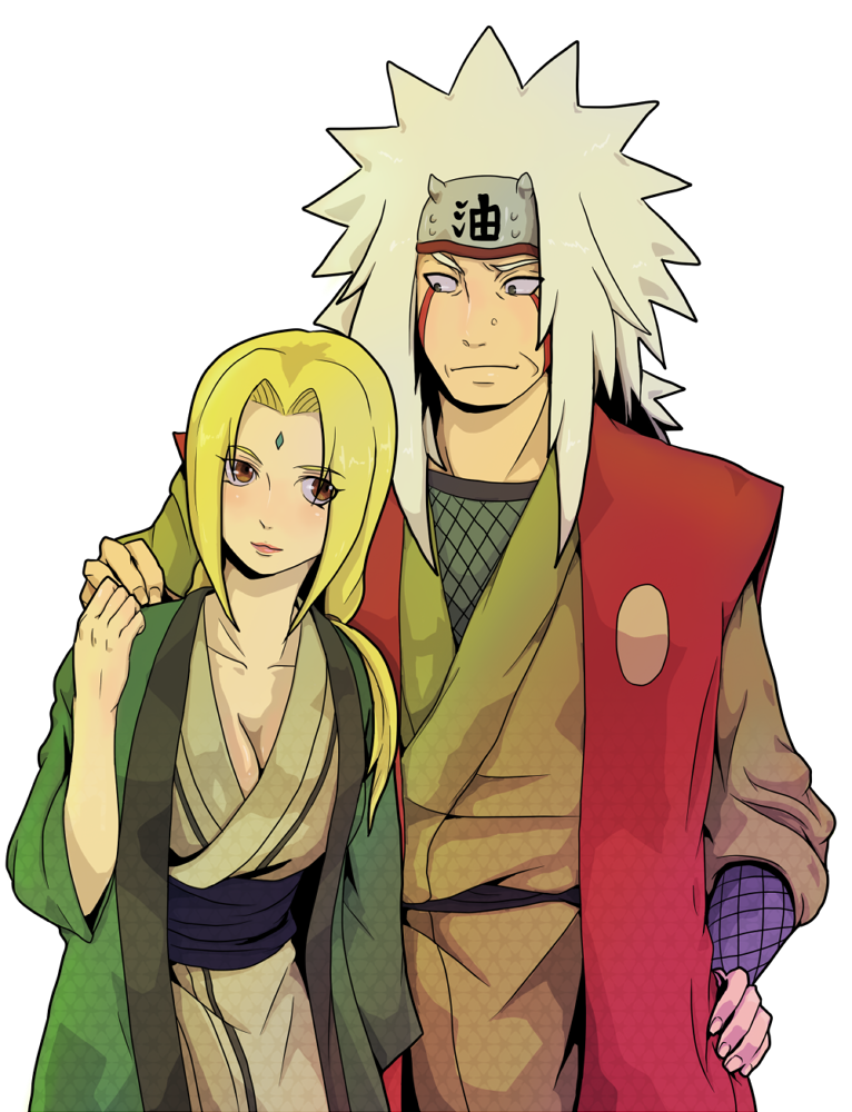 1girl blonde_hair blush breasts brown_eyes cleavage couple facepaint facial_mark fishnets forehead_mark forehead_protector hand_on_hip hand_on_shoulder height_difference japanese_clothes jiraiya long_hair naruto simple_background tamagokara tsunade white_hair