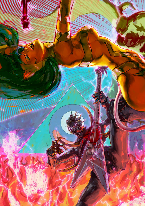 armpit ass blood breast capcom cat_ears closed_eyes darkstalkers electricity eyeshadow felicia fire guitar instrument jiddo microphone perspective psychedelic singing tail tongue vampire_(game) zabel_zarock