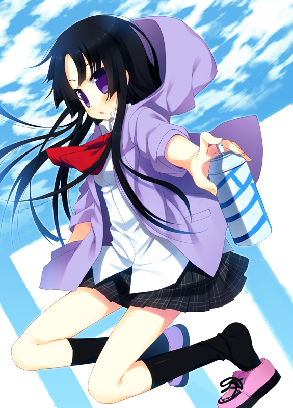 black_hair hoodie k-on! long_hair meito_(maze) necktie no_thank_you no_thank_you! parka purple_eyes school_uniform shoe_dangle sleeves_pushed_up solo spray_can violet_eyes