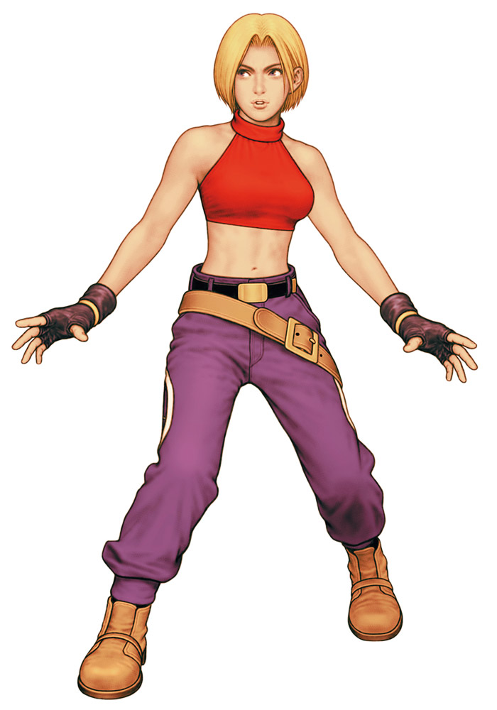 1girl belt blonde_hair blue_mary breasts crop_top fatal_fury female fingerless_gloves full_body gloves halterneck king_of_fighters looking_away looking_to_the_side medium_breasts midriff official_art pants parted_lips red_shirt shinkiro shoes short_hair simple_background sleeveless snk solo white_background