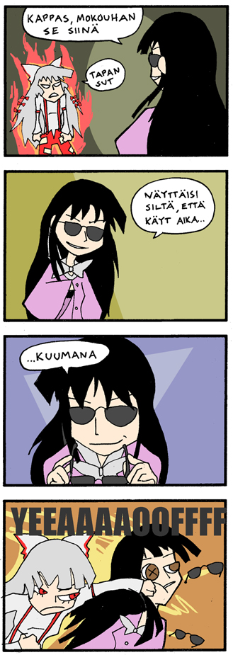 4koma battle_aura black_hair brown_eyes comic csi_miami drawfag face_punching finnish fire fujiwara_no_mokou houraisan_kaguya long_hair multiple_girls parody pun punching red_eyes rivalry smirk sunglasses touhou translated