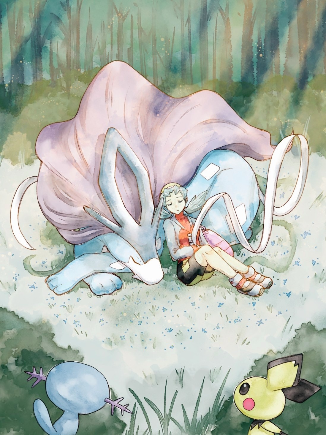 1girl asuka_rkgk bag bike_shorts bush closed_eyes cropped_jacket forest grass green_hair highres jacket kris_(pokemon) nature on_grass pichu pink_bag pokemon pokemon_(creature) pokemon_gsc red_shirt shirt shoes short_twintails sleeping sneakers suicune twintails white_jacket wooper yellow_headwear