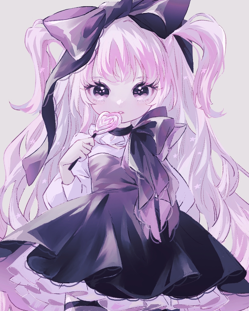 1girl akiponv bow candy dress food hair_bow heart heart_lollipop holding holding_candy holding_food holding_lollipop lollipop long_hair long_sleeves looking_at_viewer original parted_lips pink_hair shaped_lollipop solo swirl_lollipop two_side_up very_long_hair violet_eyes wavy_hair white_hair