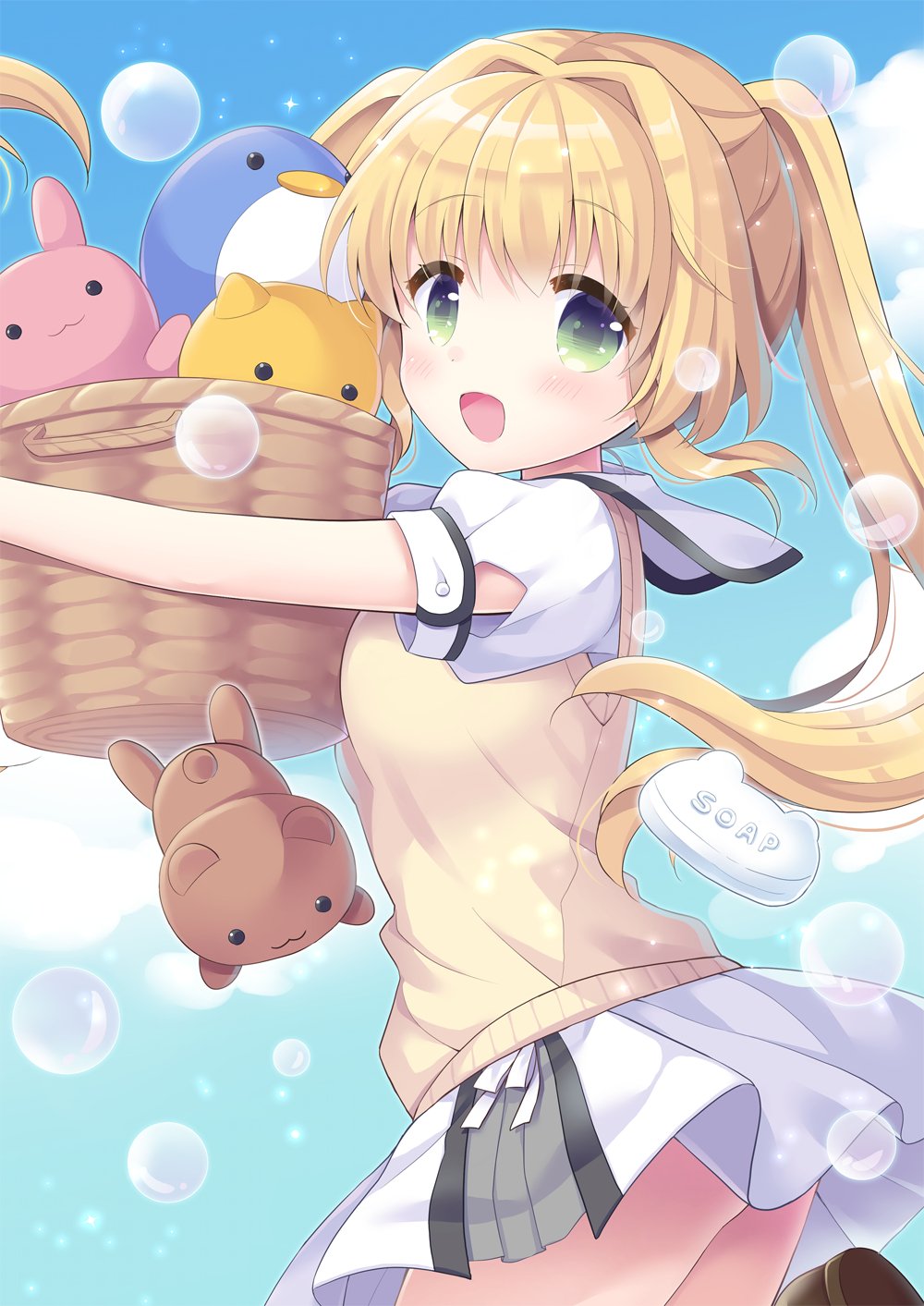 1girl :d basket blonde_hair blush breasts commentary_request cowboy_shot floating_clothes floating_hair green_eyes hair_between_eyes hair_intakes happy highres holding holding_basket hoshimame_mana long_hair looking_at_viewer miniskirt open_mouth puffy_short_sleeves puffy_sleeves sailor_collar school_uniform short_sleeves sidelocks simple_background skirt small_breasts smile soap soap_bubbles solo sparkle standing stuffed_toy summer_pockets sweater_vest tareme tsumugi_wenders twintails white_sailor_collar white_skirt yellow_sweater_vest