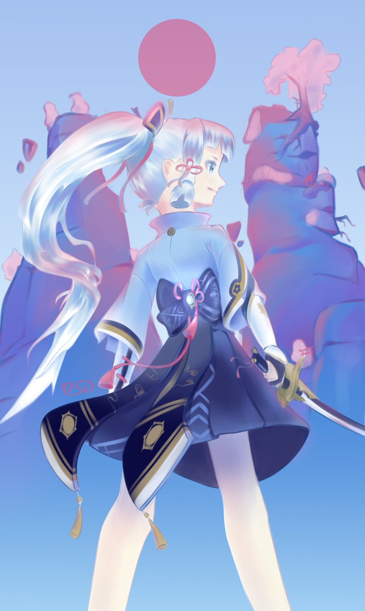 1girl blue_eyes blue_skirt blue_sky blunt_bangs blunt_tresses closed_mouth colorized gloves highres holding holding_sword holding_weapon japanese_clothes kamisato_ayaka katana long_hair mountainous_horizon partially_fingerless_gloves pleated_skirt ponytail red_sun rsd500 skirt sky solo standing sword torii weapon white_hair
