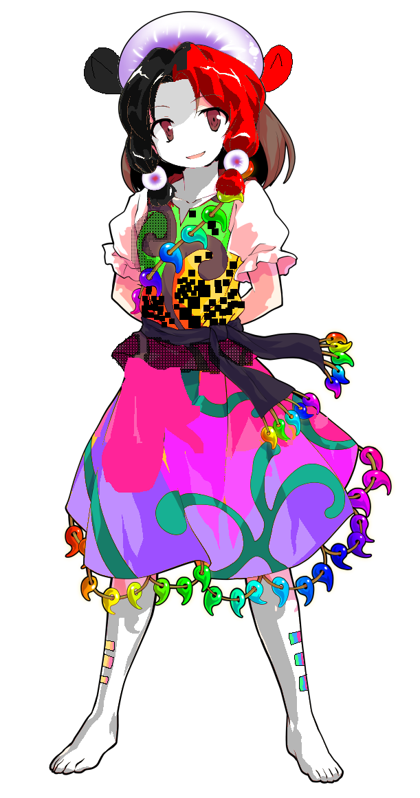 alphes alphes_(style) barefoot black_hair commentary commentary_request cute dairi earring earrings maroon_eyes rainbow rainbow_dress rainbow_order redhead tamatsukuri_misumaru transparent_background unconnected_marketeers