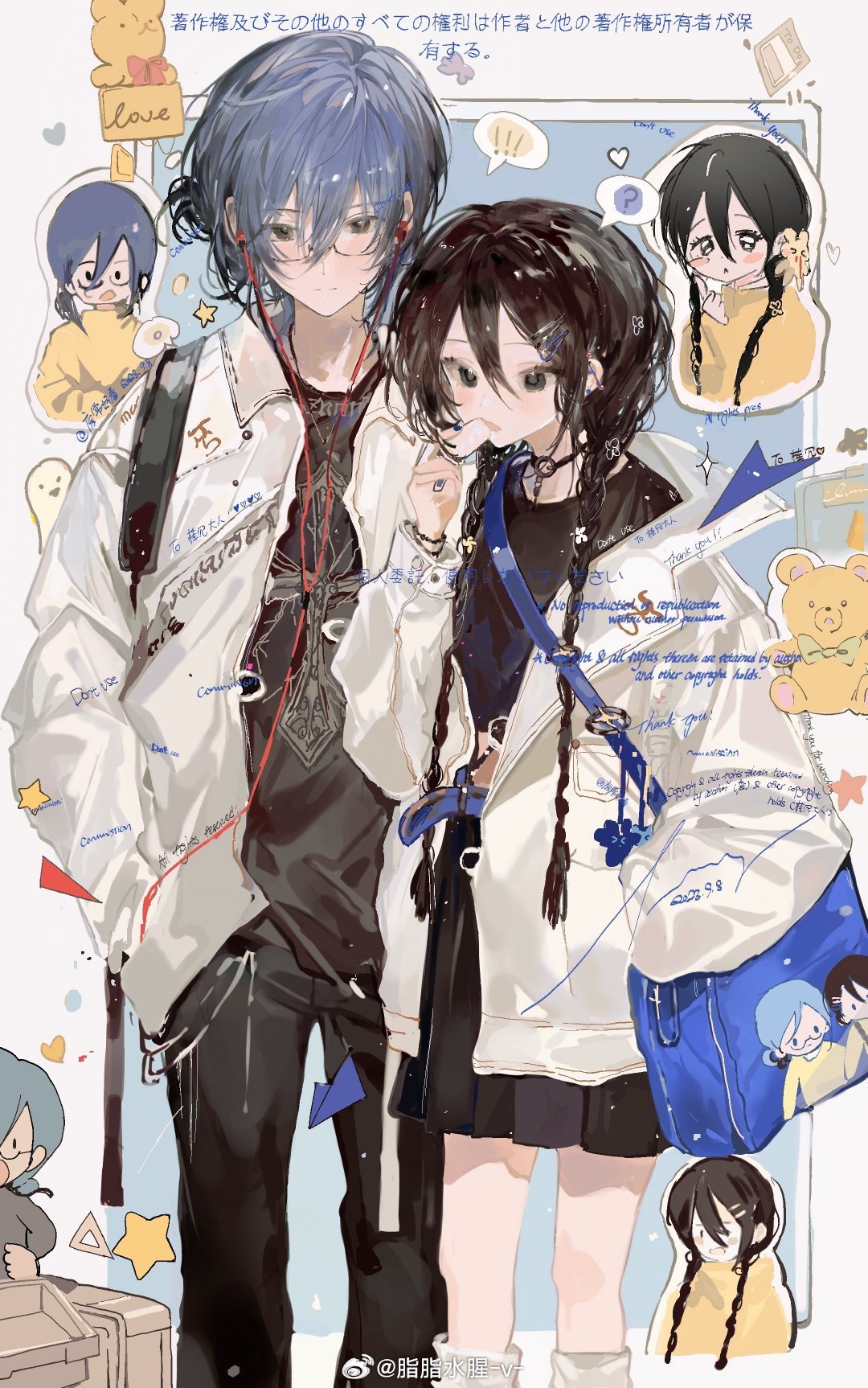 ! !! 2girls ? ankle_socks backpack bag black-framed_eyewear black_choker black_eyes black_hair black_pants black_shirt black_skirt blue_background blue_bag blue_hair border bracelet braid character_print chibi chibi_inset chinese_commentary chinese_text choker closed_mouth coat collared_coat commentary_request dated earphones earphones eating expressionless eyelashes feet_out_of_frame floral_print food glasses guigui_rongrong hair_ornament hairclip hand_in_pocket hands_in_pockets heart highres holding holding_food jewelry long_hair long_sleeves miniskirt multicolored_hair multiple_girls multiple_views open_clothes open_coat open_mouth original pants pleated_skirt puffy_long_sleeves puffy_sleeves rabbit_hair_ornament ring self_character_print shirt short_hair shoulder_bag single_strap skirt sleeves_past_wrists socks spoken_exclamation_mark spoken_question_mark star_(symbol) stuffed_animal stuffed_toy t-shirt teddy_bear turtleneck twin_braids two-tone_hair white_border white_coat white_sleeves white_socks yellow_shirt yellow_sleeves