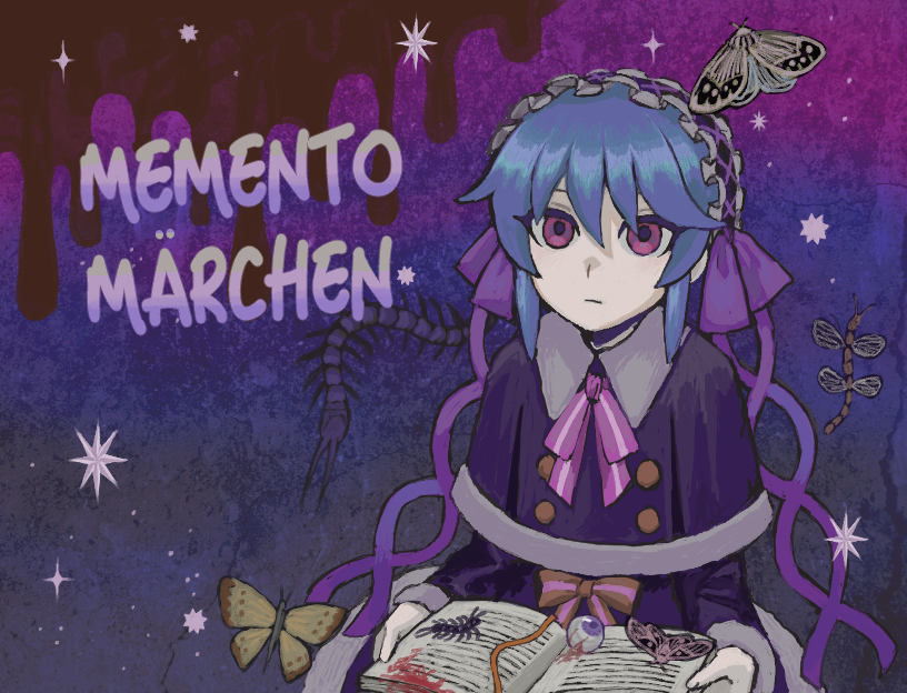 blue_hair book bug centipede copyright_name dress eyeball hair_ribbon holding holding_book looking_at_viewer memento_marchen moth multicolored_hair open_book purple_dress ribbon rusha_(memento_marchen) serious short_hair sparkle wakaba