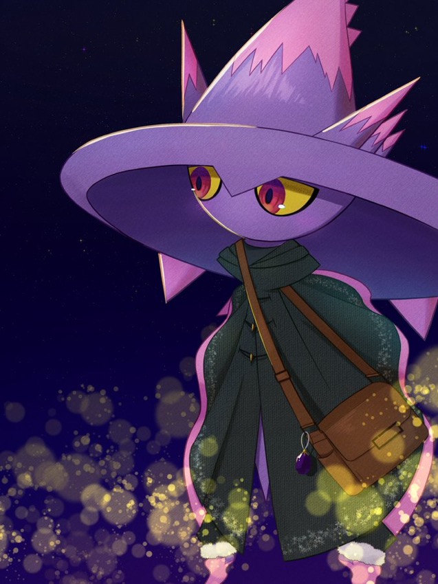 bag black_cloak brown_bag buttons cloak colored_sclera commentary_request gradient_background looking_to_the_side mismagius nakaraso_(xtns3483) no_humans pokemon pokemon_(creature) red_eyes shoulder_bag solo yellow_sclera