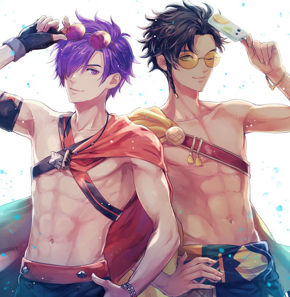 2boys brown_hair claude_von_riegan claude_von_riegan_(summer) commentary_request eyewear_on_head fingerless_gloves fire_emblem fire_emblem:_three_houses fire_emblem_heroes fire_emblem_warriors:_three_hopes food gloves green_eyes hand_on_own_hip holding holding_food holding_popsicle looking_at_viewer male_focus male_swimwear multiple_boys official_alternate_costume popsicle purple_hair round_eyewear saku_(soreca49) shez_(fire_emblem) shez_(male)_(fire_emblem) shez_(male)_(summer)_(fire_emblem) smile swim_trunks topless_male violet_eyes white_background