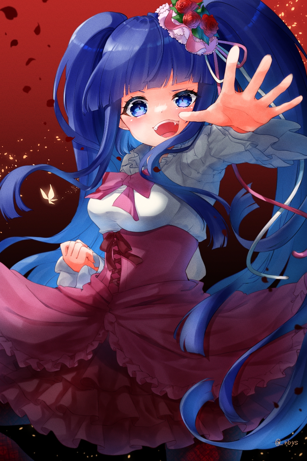 1girl blue_eyes blue_hair blunt_bangs bow breasts bug butterfly clenched_hand corset cross-laced_clothes cross-laced_skirt eyelashes fangs flower frilled_shirt frilled_skirt frills furudo_erika hair_flower hair_ornament hair_over_shoulder high-waist_skirt highres lolita_fashion long_hair looking_at_viewer medium_breasts n'bayashi open_hand open_mouth outstretched_hand pantyhose petals pink_bow pink_headwear red_background ribbon rose shirt skirt smile solo teeth twintails twitter_username umineko_no_naku_koro_ni very_long_hair yellow_butterfly