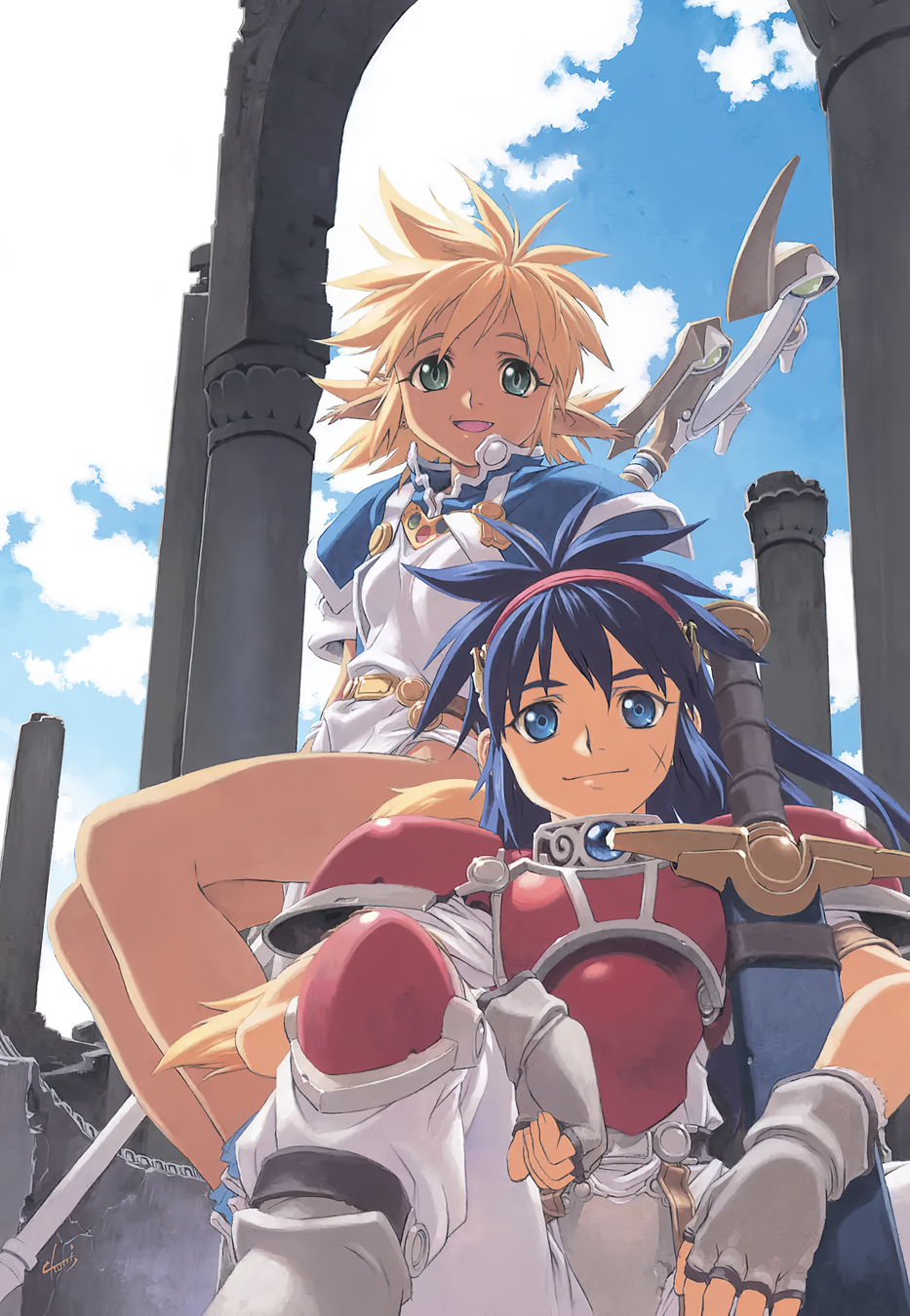 2girls armor bare_legs blonde_hair blue_eyes blue_hair breastplate cross_scar dark-skinned_female dark_skin day fam_(ruin_explorers) fang fingerless_gloves gloves green_eyes hairband highres hikyou_tanken_fam_&amp;_ihrie holding holding_staff holding_sword holding_weapon ihrie knee_pads knee_up long_hair looking_at_viewer multiple_girls non-web_source open_mouth outdoors pelvic_curtain photoshop_(medium) pillar pointy_ears ruins scar scar_on_face sheath sheathed short_hair short_sleeves shoulder_armor sitting smile staff sword tail tanaka_kunihiko weapon