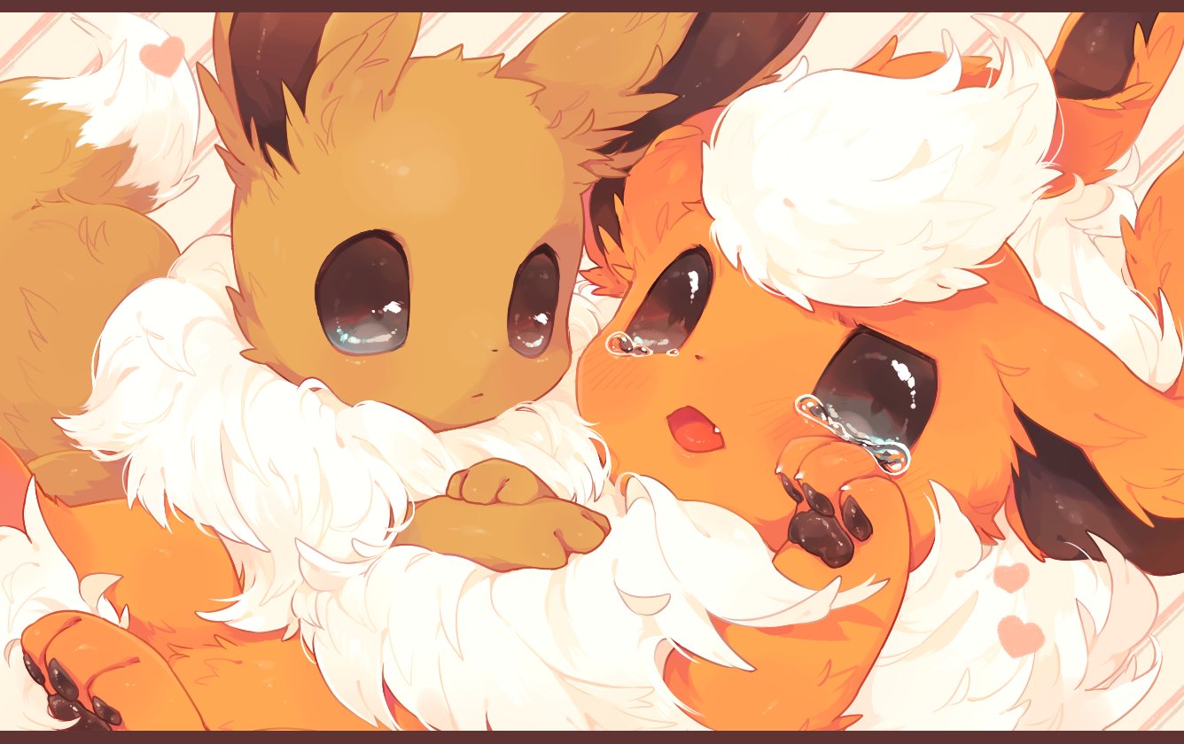 animal_focus brown_eyes crying eevee flareon floppy_ears fluffy hands_on_another's_chest heart hideko_(l33l3b) lying no_humans on_back on_stomach open_mouth pawpads pokemon pokemon_(creature) rubbing_eyes striped striped_background tearing_up tears white_fur wiping_tears