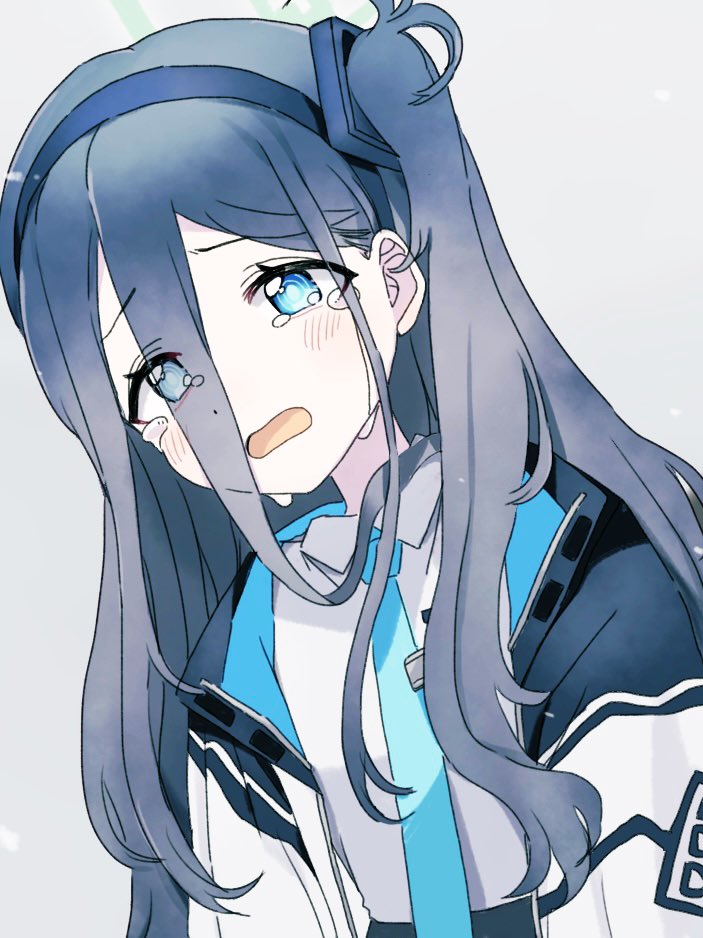 1girl absurdly_long_hair aris_(blue_archive) black_hair black_hairband blue_archive blue_eyes blush bright_pupils collared_shirt crying crying_with_eyes_open frown hair_between_eyes hairband jacket long_hair megaheart multicolored_clothes multicolored_jacket one_side_up open_mouth ringed_eyes shirt simple_background solo tears tie_clip upper_body very_long_hair white_background