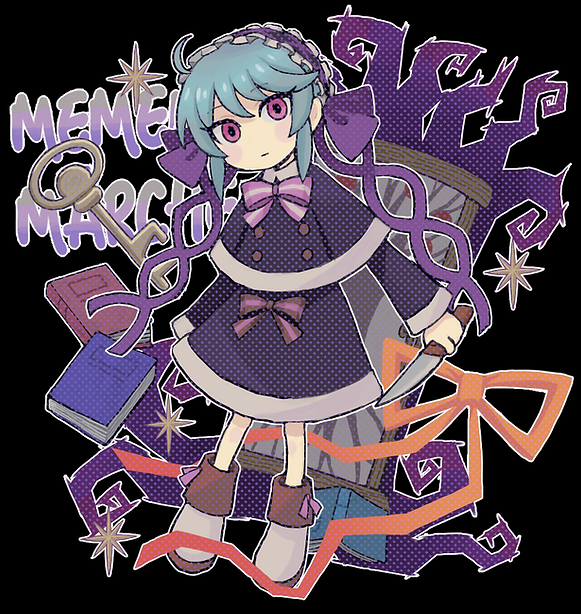 blue_hair book dress hair_ribbon holding holding_knife key knife looking_at_viewer memento_marchen multicolored_hair painting_(object) pink_eyes purple_dress ribbon rusha_(memento_marchen) serious short_hair sparkle wakaba