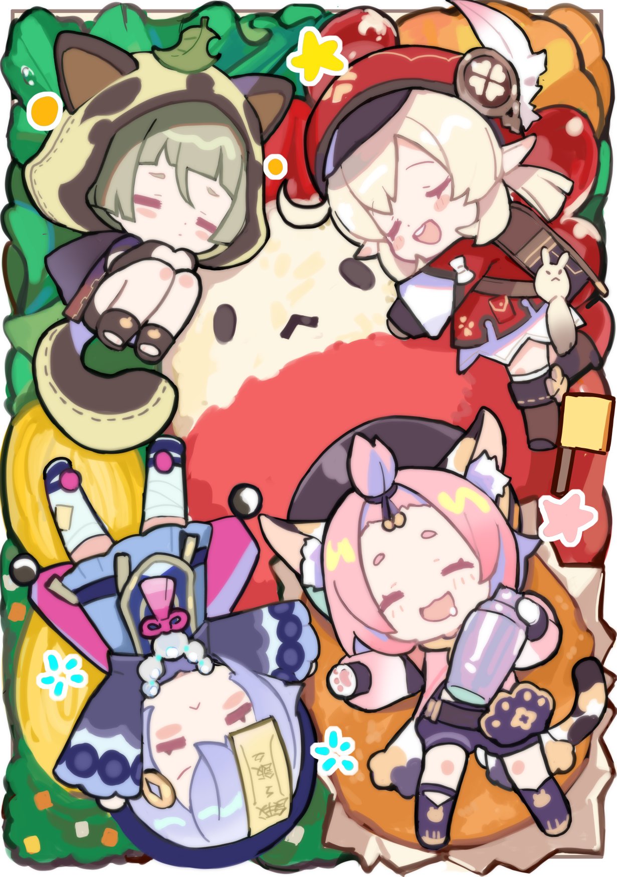 4girls animal_ear_fluff animal_ears arms_up backpack bag bangs_pinned_back bead_necklace beads black_footwear blunt_bangs brown_footwear cabbie_hat cat_ears cat_girl cat_tail closed_eyes clover_print coat cocktail_shaker coin_hair_ornament diona_(genshin_impact) dress drooling fake_tail genshin_impact grey_hair hair_ornament hat hat_feather highres holding_shaker jewelry klee_(genshin_impact) knees_up leaf leaf_on_head light_brown_hair long_sleeves lying miebao mouth_drool multiple_girls necklace object_head ofuda_on_head on_back on_side open_mouth orb paw_print_palms pink_hair pointy_ears purple_dress purple_hair qiqi_(genshin_impact) raccoon_hood raccoon_tail randoseru red_coat red_headwear sayu_(genshin_impact) short_hair smile tail tassel thigh-highs white_thighhighs yin_yang yin_yang_orb