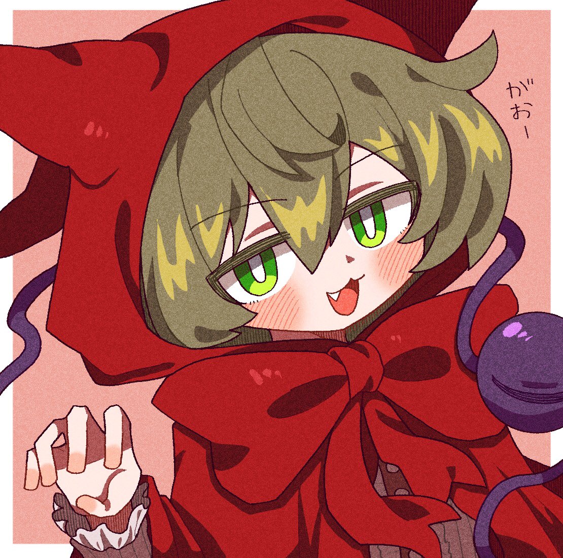1girl :3 alternate_costume animal_ear_hood blush bright_pupils buttons capelet fang fang_out frilled_shirt frilled_sleeves frills green_eyes green_hair hair_between_eyes hand_up hood hooded_capelet hoodie komeiji_koishi long_sleeves medium_hair neck_ribbon open_mouth pink_background red_carpet red_hood red_hoodie red_ribbon ribbon shirt simple_background smile third_eye tongue touhou translation_request two-tone_background white_background white_pupils white_shirt zunusama