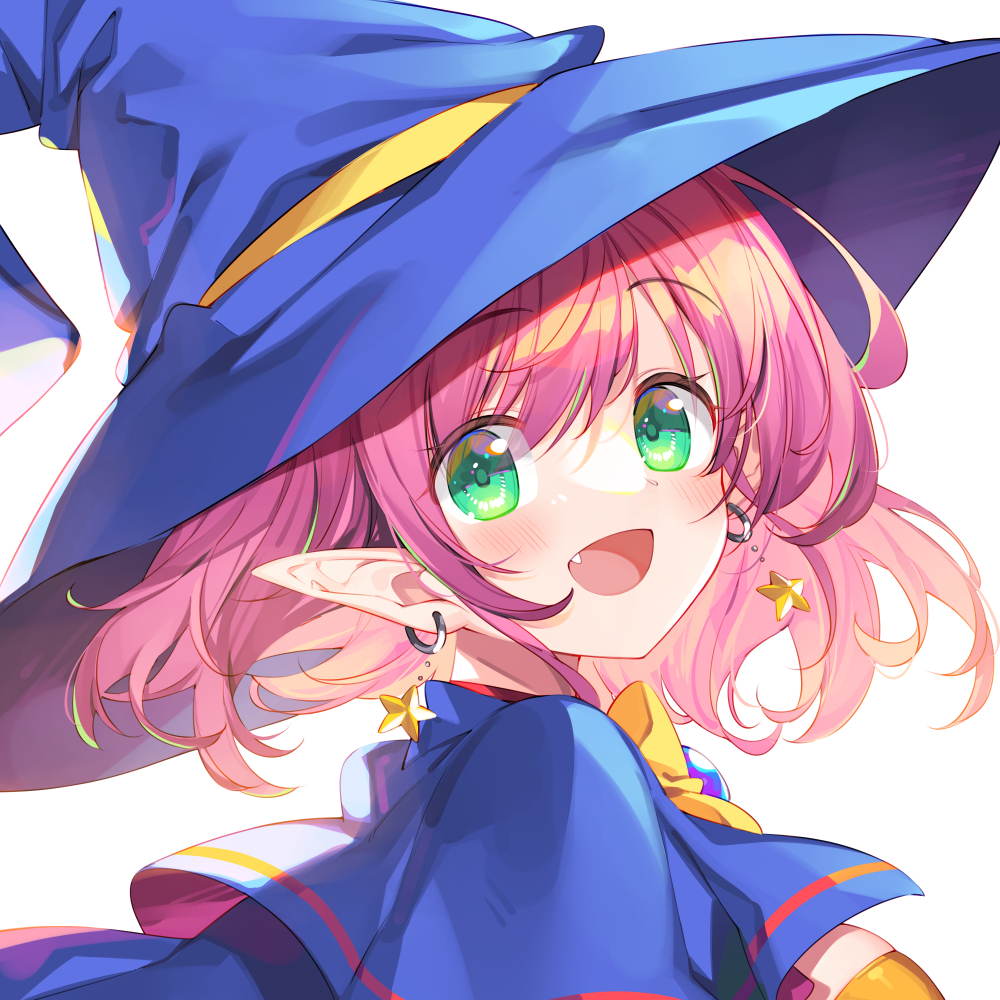 1girl :d alice_wishheart blue_capelet blue_headwear bucchake_(asami) capelet earrings fang floating_hair green_eyes hat jewelry long_hair looking_at_viewer magical_halloween open_mouth pink_hair pointy_ears portrait smile solo star_(symbol) star_earrings white_background witch_hat