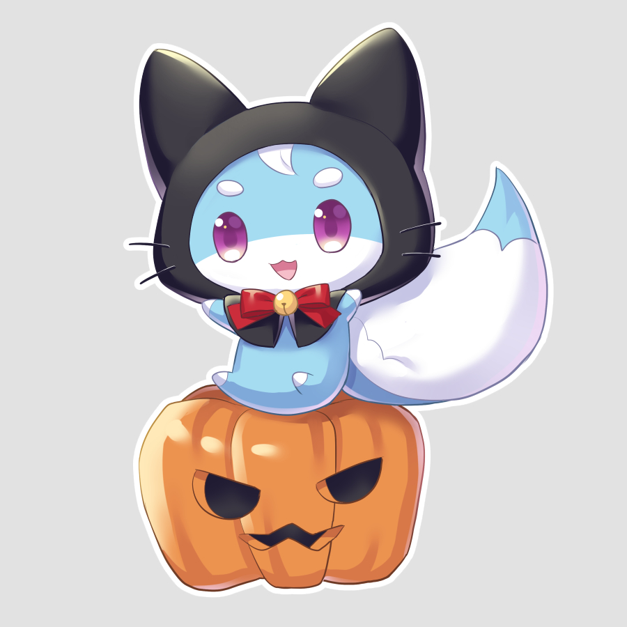 :3 bell bow cat_day commentary_request fake_whiskers fox grey_background halloween_costume hoshimame_mana inari_(summer_pockets) jack-o'-lantern jingle_bell looking_at_viewer neck_bell no_humans open_mouth red_bow short_eyebrows simple_background sitting smile summer_pockets thick_eyebrows violet_eyes whiskers