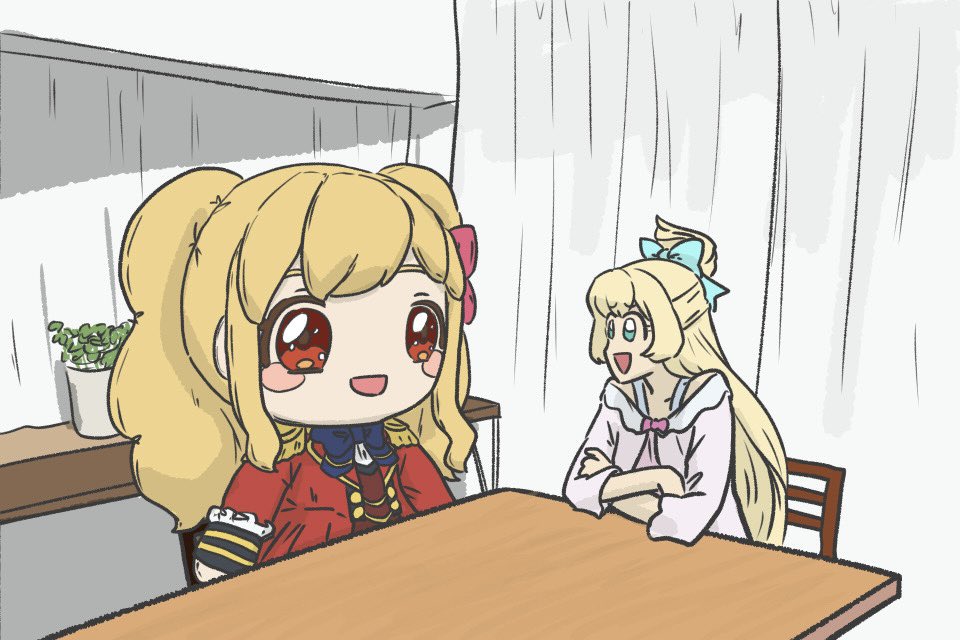 1girl :d aikatsu!_(series) aikatsu_stars! blonde_hair blue_bow blue_eyes blush bow chair character_doll crossed_arms curtains derivative_work doqute_stuffed_doll epaulettes hair_bow indoors jacket long_hair long_sleeves looking_to_the_side nijino_yume open_mouth orange_eyes oversized_object parody plant ponytail potted_plant red_jacket s4_uniform shiratori_hime sitting smile solo table twintails uei_(way_karaage) umamusume upper_body very_long_hair wooden_table