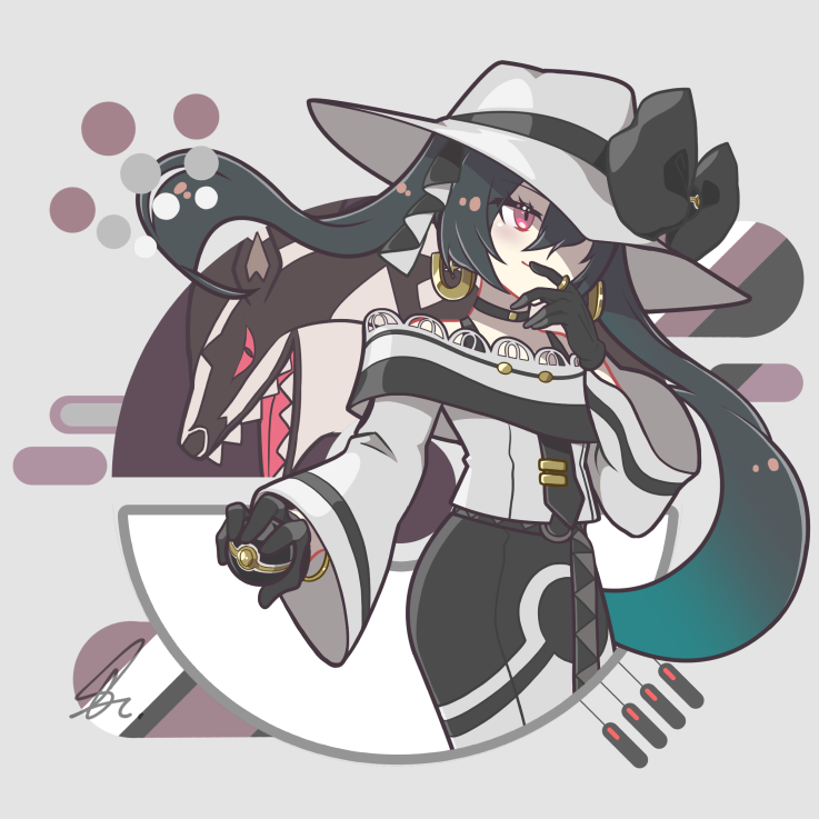 1girl bare_shoulders black_bow black_choker black_gloves black_hair black_skirt bow choker closed_mouth crossover dark_miku_(project_voltage) gloves grey_background grey_headwear hair_over_one_eye hat hat_bow hatsune_miku holding holding_poke_ball jewelry long_hair long_sleeves luxury_ball obstagoon off-shoulder_shirt off_shoulder poke_ball pokemon project_voltage red_eyes ring saihate_(d3) shirt skirt smile twintails very_long_hair vocaloid white_shirt wide_sleeves