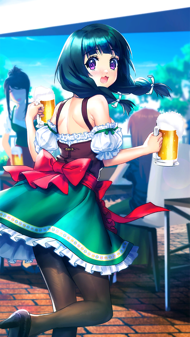 1girl back_bow beer_mug black_footwear black_hair black_pantyhose blunt_bangs blush bow braid bustier cup detached_sleeves doukyuusei_another_world floating_hair frilled_skirt frilled_sleeves frills from_behind game_cg german_clothes green_skirt hair_ribbon high_heels holding holding_cup kakyuusei kamiyama_miho leg_up long_hair looking_at_viewer looking_back low_twintails medium_skirt mug open_mouth pantyhose red_bow ribbon shirt short_sleeves skirt solo_focus standing standing_on_one_leg twin_braids twintails violet_eyes white_ribbon white_shirt white_sleeves