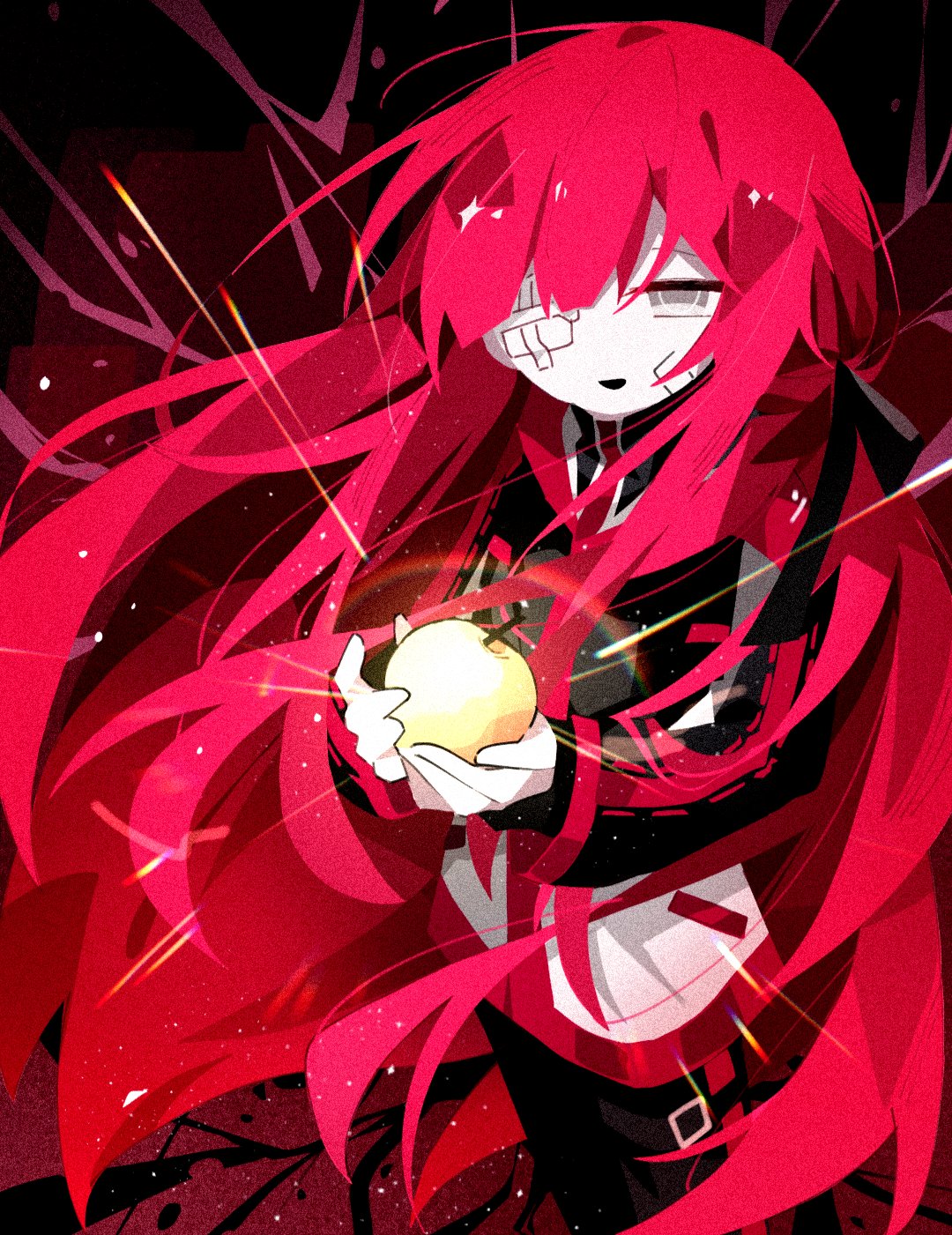 1girl apple black_jacket food from_above fruit gauze_over_eye golden_apple grey_eyes highres jacket lemonail light limbus_company long_sleeves looking_at_viewer open_mouth project_moon smile solo yuri_(project_moon)