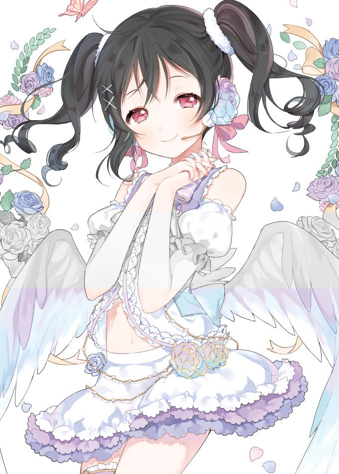 1girl ahoge angel_wings bad_id bad_twitter_id bare_shoulders black_hair blush detached_sleeves dress floral_background frilled_dress frills hair_ornament idol idol_clothes looking_at_viewer love_live! love_live!_school_idol_project marin_(myuy_3) microphone navel own_hands_together petals puffy_sleeves red_eyes solo standing twintails white_background white_sleeves wings x_hair_ornament yazawa_nico
