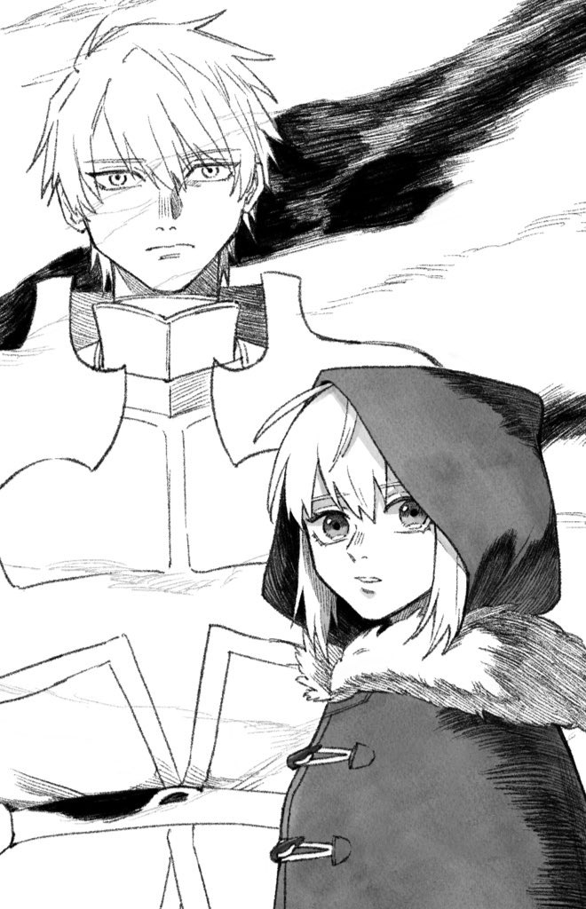1boy 1girl armor cheeeeese0619 cloak closed_mouth fate_(series) fur-trimmed_cloak fur_trim gray_(fate) greyscale hood hood_up hooded_cloak kay_(fate) looking_at_viewer lord_el-melloi_ii_case_files monochrome parted_lips short_hair sidelocks upper_body