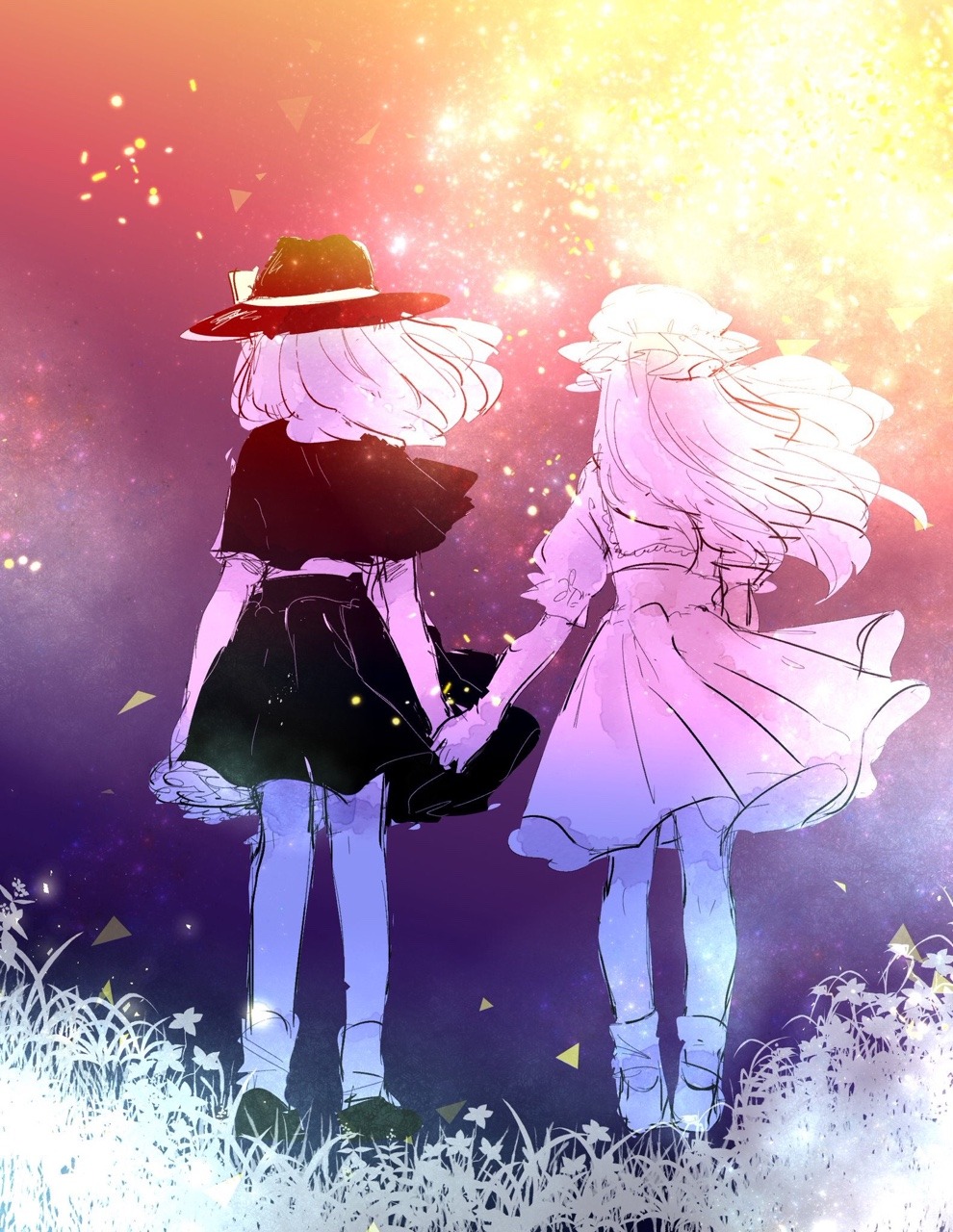 2girls black_capelet black_footwear black_skirt bow capelet clothes_lift collared_dress commentary_request dress field flower flower_field frilled_hat frilled_sleeves frills from_behind full_body greyscale_with_colored_background hair_lift hat hat_bow highres holding_hands lace-trimmed_capelet lace-trimmed_collar lace_trim long_hair maribel_hearn medium_hair miniskirt mob_cap monochrome multicolored_background multiple_girls outdoors petticoat pleated_dress puffy_short_sleeves puffy_sleeves purple_background red_background shirt shoes short_dress short_sleeves skirt skirt_lift socks sunlight sunset suzune_hapinesu touhou triangle usami_renko wind wind_lift yellow_background yuri