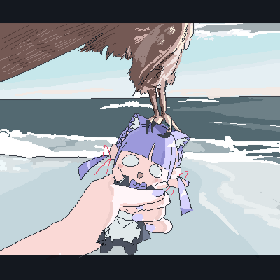 1girl apron bird blue_sky character_doll clouds commentary_request hawk horizon letterboxed lokulo-chan lokulo_no_mawashimono lowres ocean original pov pov_hands purple_nails sky solo talons twintails waist_apron