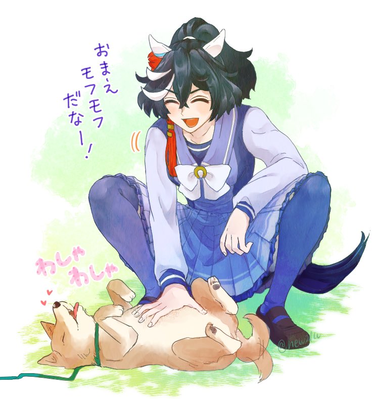 1girl ^_^ afterimage animal_ears black_hair brown_footwear closed_eyes crossed_bangs dog full_body hair_ornament heart horse_ears horse_girl horse_tail katsuragi_ace_(umamusume) leash long_sleeves motion_lines multicolored_hair new_(new21u) open_mouth petting ponytail purple_shirt purple_skirt purple_thighhighs sailor_collar school_uniform shirt shoes short_hair skirt smile solo squatting streaked_hair tail tail_wagging thigh-highs tracen_school_uniform translation_request twitter_username umamusume v-shaped_eyebrows watermark