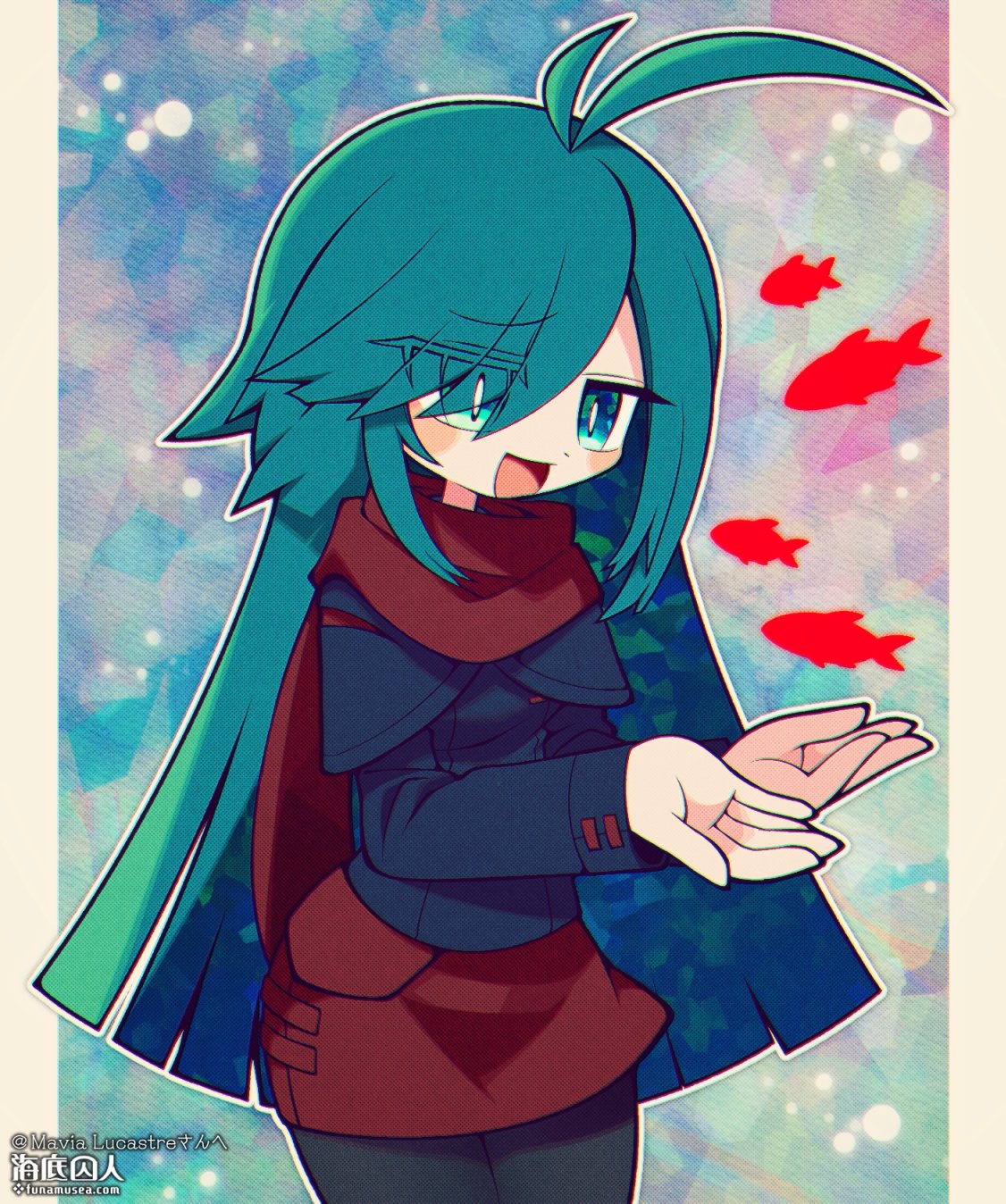 1girl ahoge aqua_capelet aqua_eyes aqua_hair artist_name black_thighhighs blue_background border capelet commission commissioner_name fish funamusea_(artist) gradient_background hair_over_one_eye highres huge_ahoge long_hair open_mouth original pink_background red_scarf red_skirt scarf skeb_commission skirt thigh-highs white_border